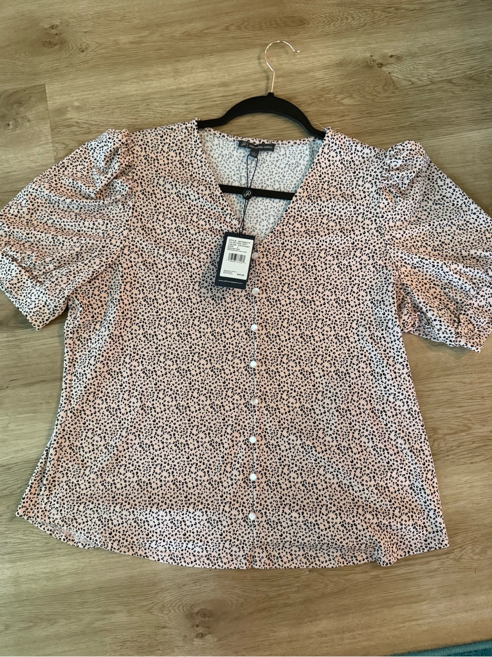 V-Neck Pearl Button Short Sleeve Blouse in Blush
